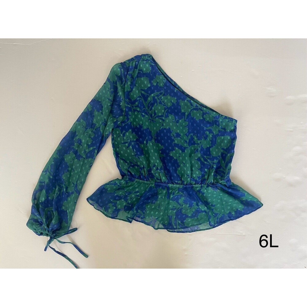 Vici Collection One Shoulder Peplum Puff Sleeve Blue Green Top Size Medium‎ NWOT